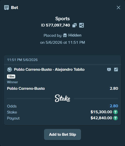 Bet slip: Pablo Carreno-Busta - Alejandro Tabilo, $15,300.00 stake at 2.80 odds, placed by Hidden