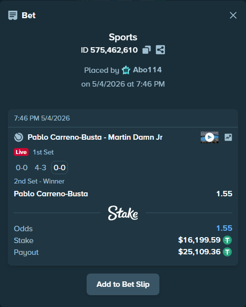 Bet slip: Pablo Carreno-Busta - Martin Damn Jr, $16,199.59 stake at 1.55 odds, placed by Abo114