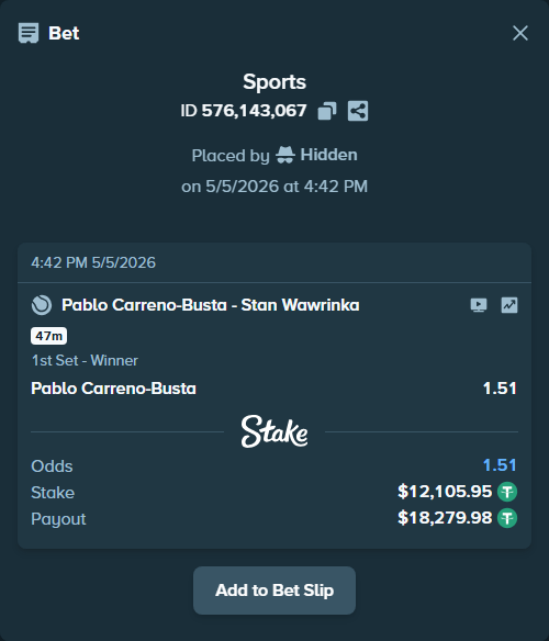 Bet slip: Pablo Carreno-Busta - Stan Wawrinka, $12,105.95 stake at 1.51 odds, placed by Hidden