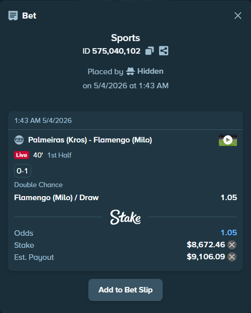 Bet slip: Palmeiras (Kros) - Flamengo (Milo), $15,534.55 stake at 1.05 odds, placed by Hidden