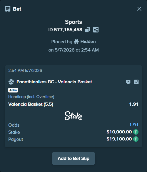 Bet slip: Panathinaikos BC - Valencia Basket, $10,000.00 stake at 1.91 odds, placed by Hidden