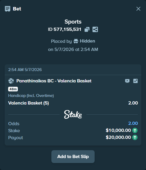 Bet slip: Panathinaikos BC - Valencia Basket, $10,000.00 stake at 2.00 odds, placed by Hidden