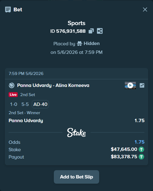 Bet slip: Panna Udvardy - Alina Korneeva, $47,645.00 stake at 1.75 odds, placed by Hidden