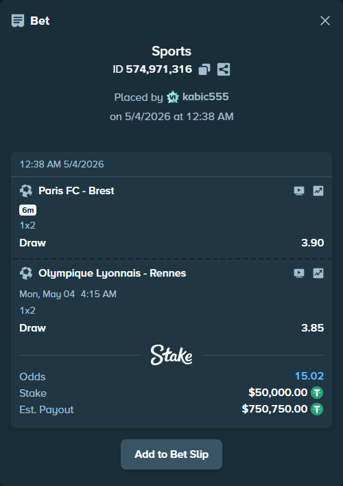 Bet slip: Paris FC - Brest, $50,000.00 stake at 3.90 odds, placed by kabic555