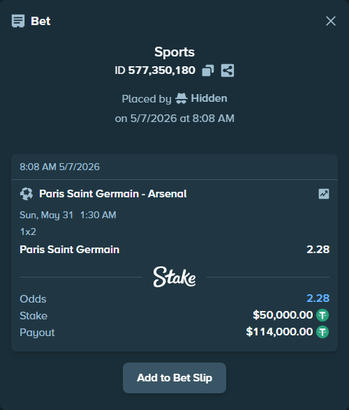 Bet slip: Paris Saint Germain - Arsenal, $50,000.00 stake at 2.28 odds, placed by Hidden