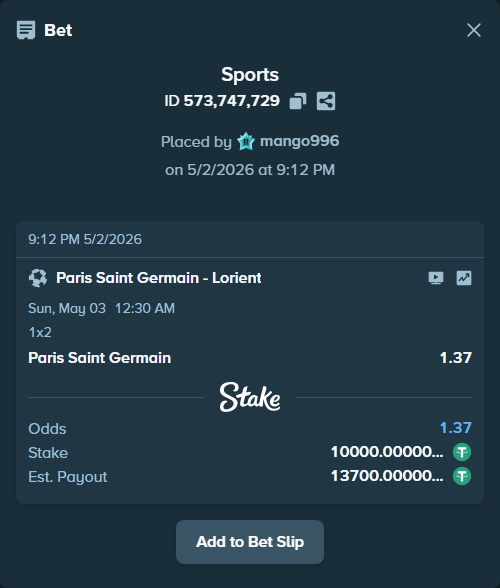 Bet slip: Paris Saint Germain - Lorient, $10,000.00 stake at 1.37 odds, placed by mango996