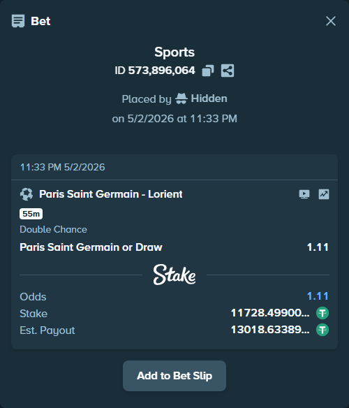 Bet slip: Paris Saint Germain - Lorient, $11,728.50 stake at 1.11 odds, placed by Hidden