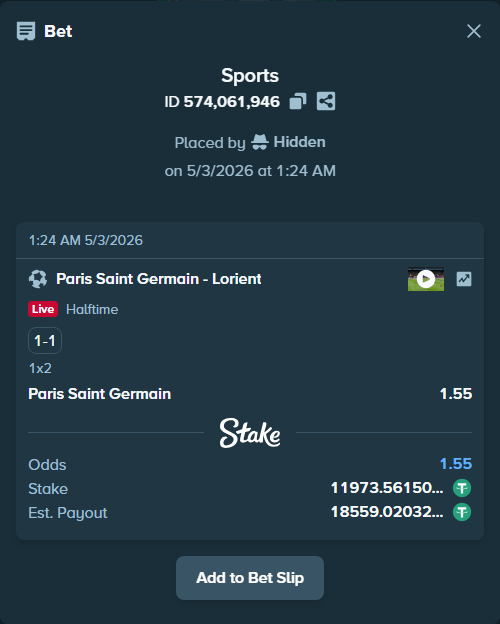 Bet slip: Paris Saint Germain - Lorient, $11,973.56 stake at 1.55 odds, placed by Hidden