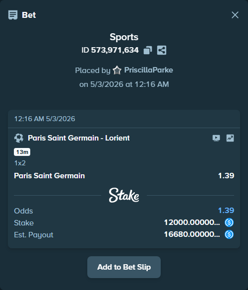 Bet slip: Paris Saint Germain - Lorient, $12,000.00 stake at 1.39 odds, placed by PriscillaParke