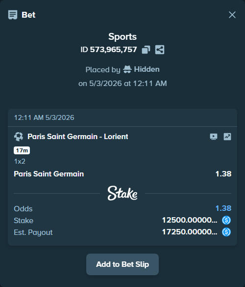 Bet slip: Paris Saint Germain - Lorient, $12,500.00 stake at 1.38 odds, placed by Hidden