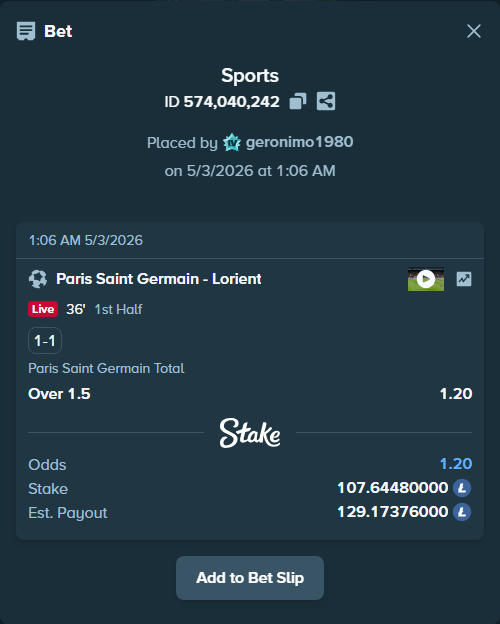 Bet slip: Paris Saint Germain - Lorient, $13,993.82 stake at 1.20 odds, placed by geronimo1980