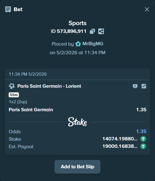 Bet slip: Paris Saint Germain - Lorient, $14,074.20 stake at 1.35 odds, placed by MrBigMG