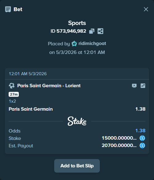 Bet slip: Paris Saint Germain - Lorient, $15,000.00 stake at 1.38 odds, placed by ridimichgoat