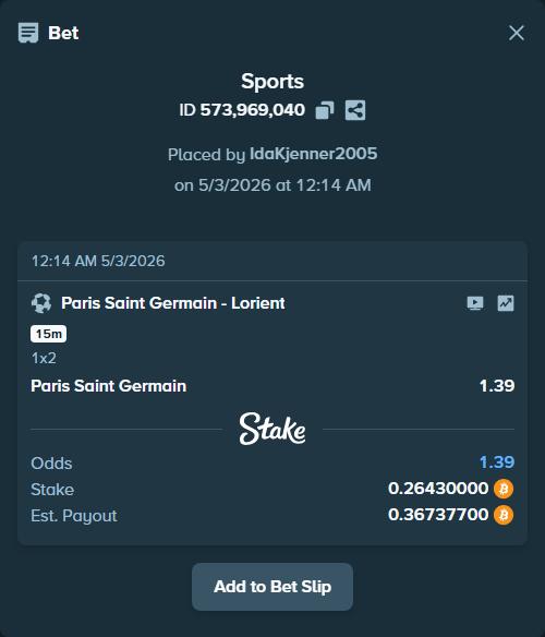 Bet slip: Paris Saint Germain - Lorient, $18,501.00 stake at 1.39 odds, placed by IdaKjenner2005