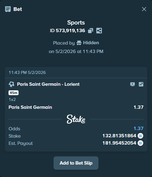 Bet slip: Paris Saint Germain - Lorient, $26,562.70 stake at 1.37 odds, placed by Hidden
