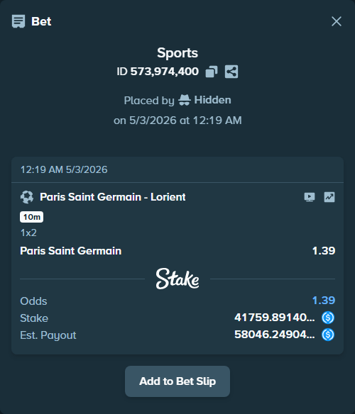 Bet slip: Paris Saint Germain - Lorient, $41,759.89 stake at 1.39 odds, placed by Hidden