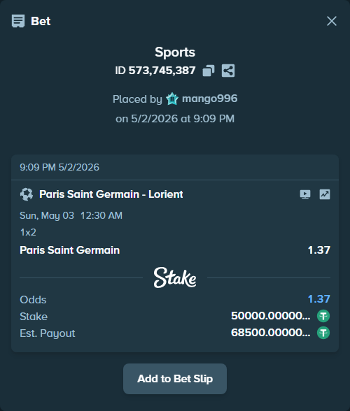 Bet slip: Paris Saint Germain - Lorient, $50,000.00 stake at 1.37 odds, placed by mango996