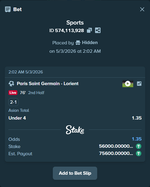 Bet slip: Paris Saint Germain - Lorient, $56,000.00 stake at 1.35 odds, placed by Hidden