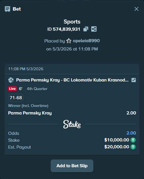 Bet slip: Parma Permsky Kray - BC Lokomotiv Kuban, $10,000.00 stake at 2.00 odds, placed by opeleia8990