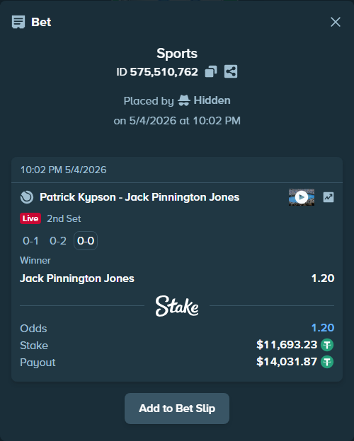 Bet slip: Patrick Kypson - Jack Pinnington Jones, $11,693.23 stake at 1.20 odds, placed by Hidden