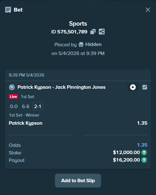 Bet slip: Patrick Kypson - Jack Pinnington Jones, $12,000.00 stake at 1.35 odds, placed by Hidden