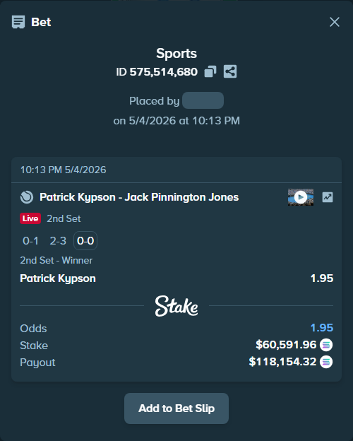 Bet slip: Patrick Kypson - Jack Pinnington Jones, $144,208.86 stake at 1.95 odds, placed by Prettylfacko98