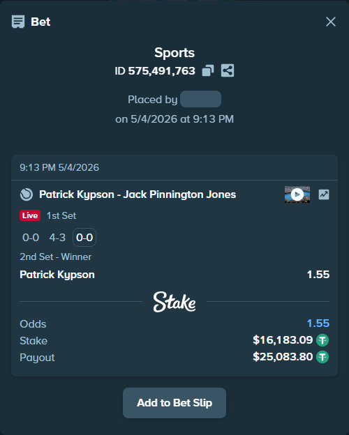 Bet slip: Patrick Kypson - Jack Pinnington Jones, $16,183.09 stake at 1.55 odds, placed by Abo114