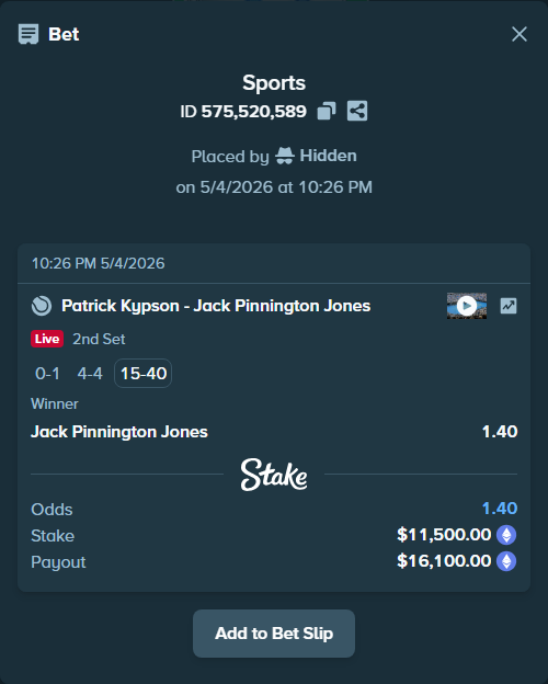 Bet slip: Patrick Kypson - Jack Pinnington Jones, $17,194.80 stake at 1.40 odds, placed by Hidden