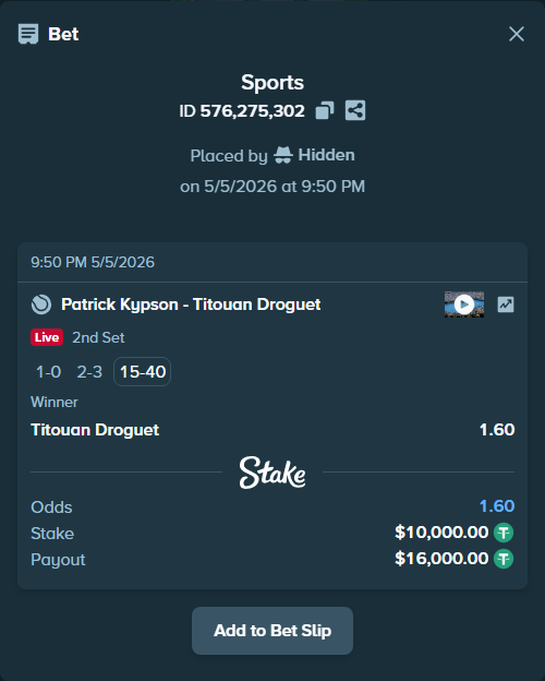 Bet slip: Patrick Kypson - Titouan Droguet, $10,000.00 stake at 1.60 odds, placed by Hidden