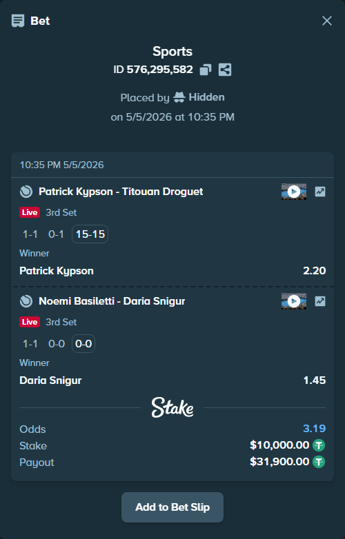 Bet slip: Patrick Kypson - Titouan Droguet, $10,000.00 stake at 2.20 odds, placed by Hidden