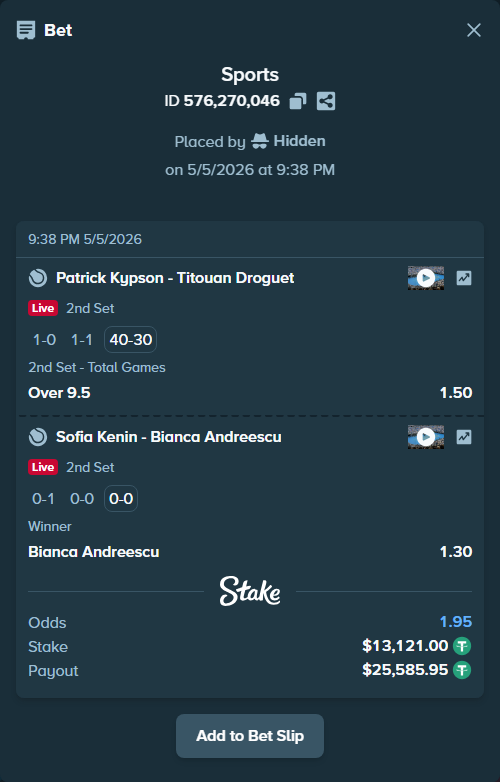 Bet slip: Patrick Kypson - Titouan Droguet, $13,121.00 stake at 1.50 odds, placed by Hidden