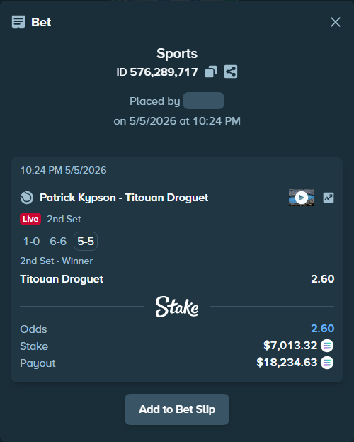 Bet slip: Patrick Kypson - Titouan Droguet, $16,481.30 stake at 2.60 odds, placed by Prettylfacko98