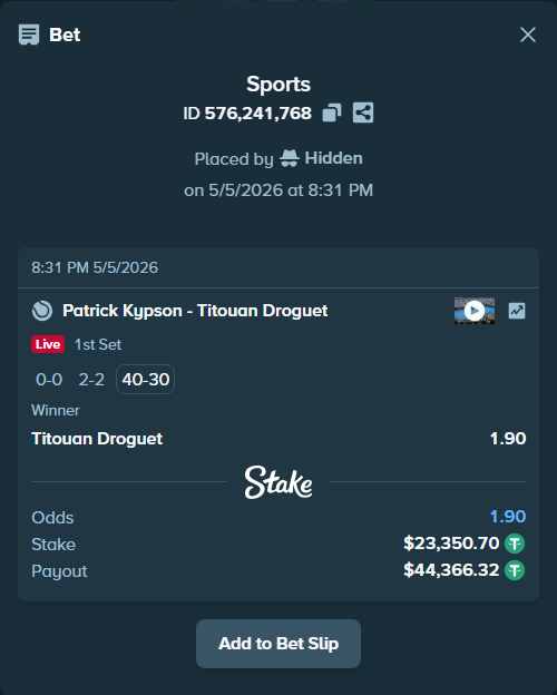 Bet slip: Patrick Kypson - Titouan Droguet, $23,350.70 stake at 1.90 odds, placed by Hidden