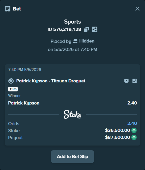 Bet slip: Patrick Kypson - Titouan Droguet, $36,500.00 stake at 2.40 odds, placed by Hidden