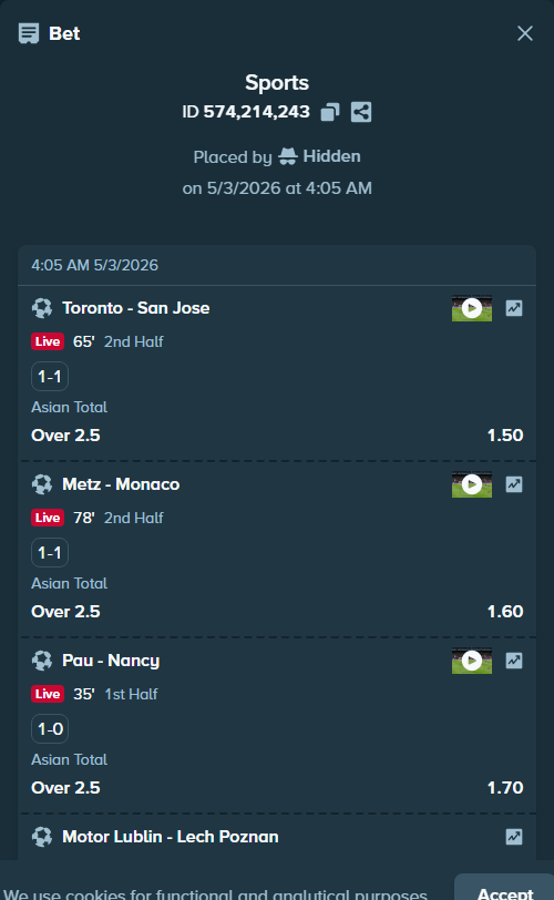 Bet slip: Pau - Nancy, $10,000.00 stake at 1.70 odds, placed by Hidden