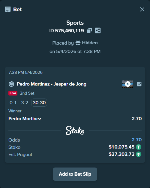 Bet slip: Pedro Martinez - Jesper de Jong, $10,075.45 stake at 2.70 odds, placed by Hidden