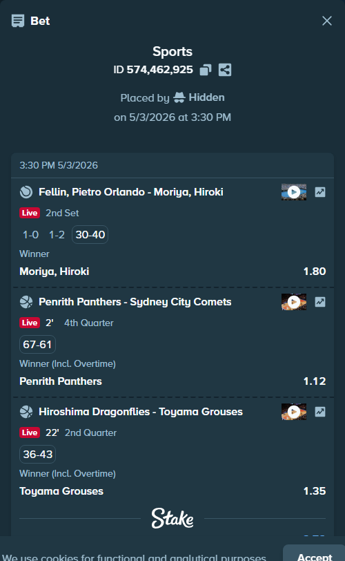 Bet slip: Penrith Panthers - Sydney City Comets, $21,487.20 stake at 1.12 odds, placed by Hidden