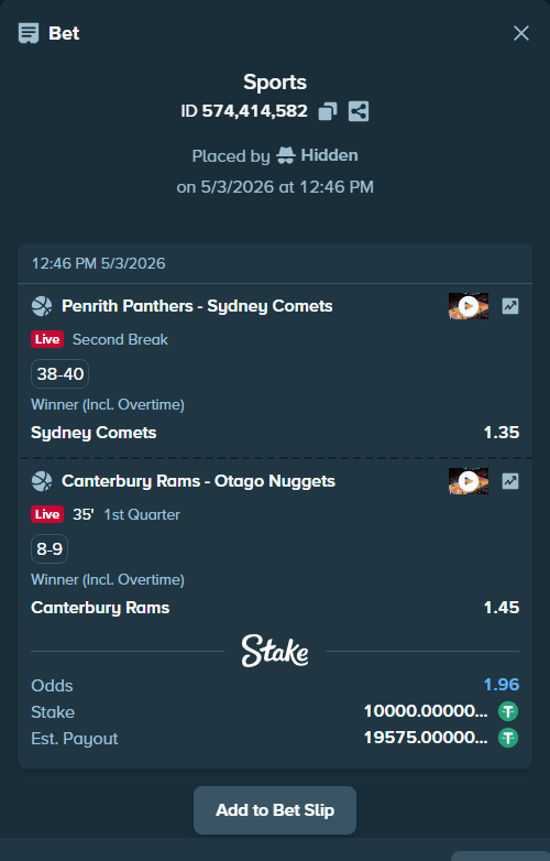 Bet slip: Penrith Panthers - Sydney Comets, $10,000.00 stake at 1.35 odds, placed by Hidden