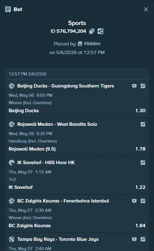 Bet slip: Perugia Volley - Volley Civitanova, $10,000.00 stake at 1.22 odds, placed by Hidden