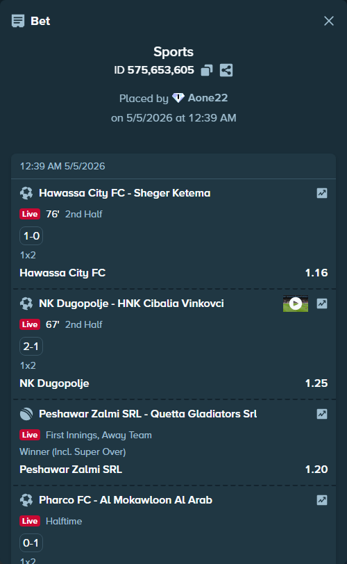 Bet slip: Peshawar Zalmi SRL - Quetta Gladiators SRL, $72,416.11 stake at 1.20 odds, placed by Aone22