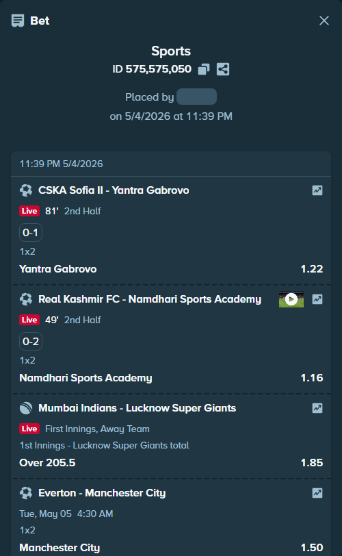 Bet slip: PFC CSKA SOFIA II - FC Yantra Gabrovo, $33,283.85 stake at 1.22 odds, placed by Hophi777