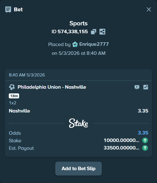 Bet slip: Philadelphia Union - Nashville, $10,000.00 stake at 3.35 odds, placed by Enrique2777