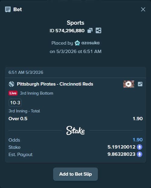Bet slip: Pittsburgh Pirates - Cincinnati Reds, $18,169.20 stake at 1.90 odds, placed by azosuka