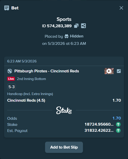 Bet slip: Pittsburgh Pirates - Cincinnati Reds, $18,724.96 stake at 1.70 odds, placed by Hidden