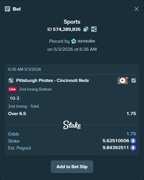 Bet slip: Pittsburgh Pirates - Cincinnati Reds, $19,687.85 stake at 1.75 odds, placed by azosuka