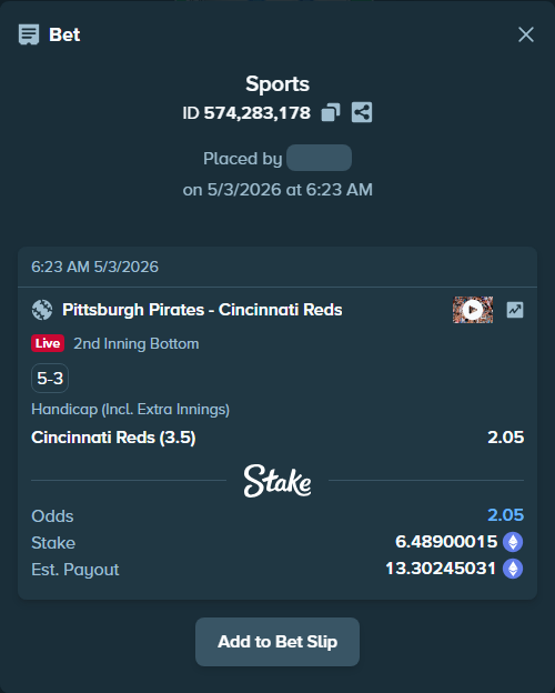 Bet slip: Pittsburgh Pirates - Cincinnati Reds, $22,711.50 stake at 2.05 odds, placed by azosuka