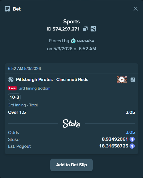 Bet slip: Pittsburgh Pirates - Cincinnati Reds, $31,272.22 stake at 2.05 odds, placed by azosuka