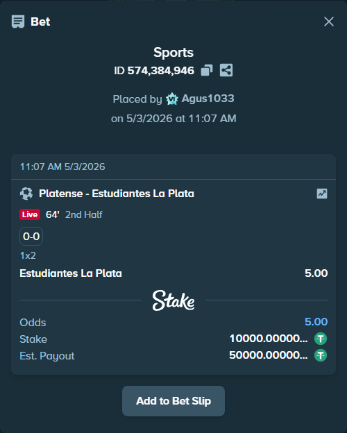 Bet slip: Platense - Estudiantes La Plata, $10,000.00 stake at 5.00 odds, placed by Agus1033