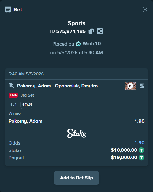Bet slip: Pokorny, Adam - Opanasiuk, Dmytro, $10,000.00 stake at 1.90 odds, placed by WinTr10