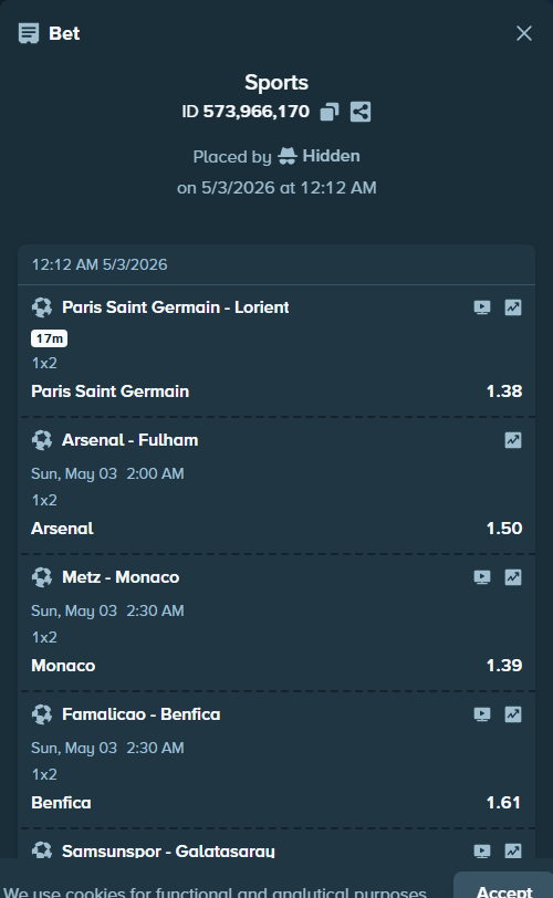 Bet slip: Porto - Alverca, $13,000.00 stake at 1.18 odds, placed by Hidden